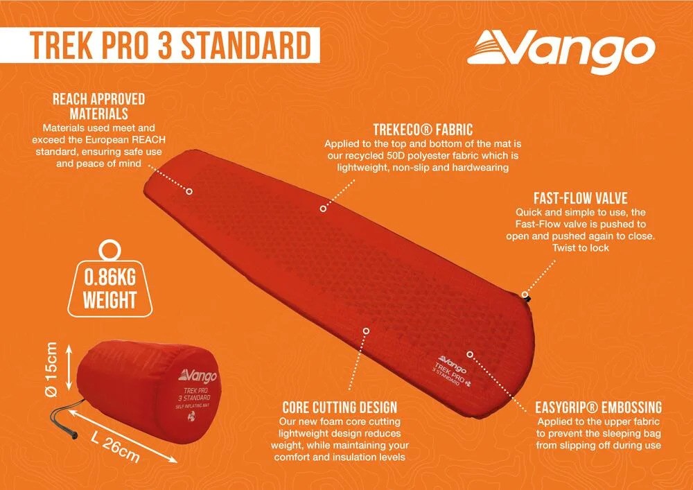 VANGO Trek Pro3 Standard Self-Inflating Mat 1P, Αυτοφούσκωτο Στρώμα Ύπνου Μονό, 183 x 51 x 3 cm, SMSTREKPR000001 /Red