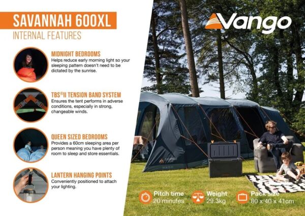 VANGO Savannah 600XL, Οικογενειακή σκηνή 6 ατόμων, 700 x 380 x 210(ύψος) cm, TEVSAVANN000002 /Deep Blue