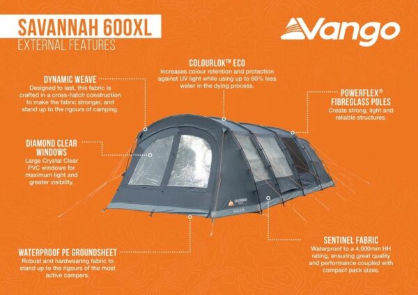 VANGO Savannah 600XL, Οικογενειακή σκηνή 6 ατόμων, 700 x 380 x 210(ύψος) cm, TEVSAVANN000002 /Deep Blue
