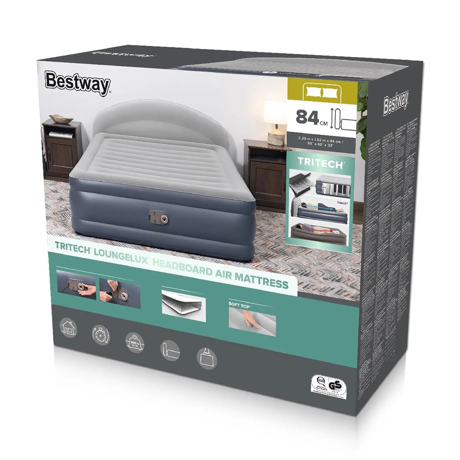 BESTWAY TriTech LoungeLux™ Headboard 229x152x84cm Twin Built-in AC pump, Φουσκωτό Στρώμα Ύπνου Διπλό με Κεφαλάρι & Εσωτερική Τρόμπα, 671BD